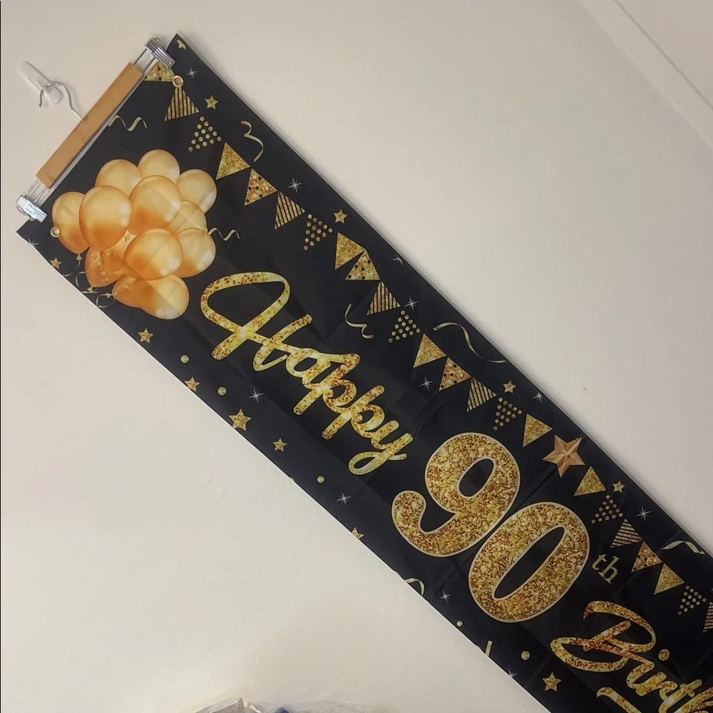 90th Birthday Banner Cloth Gold and Black EUC